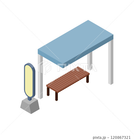 アイソメトリックなバス停のイラスト、左面法。 120867321