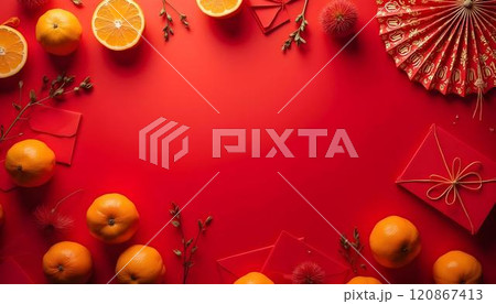Gifts, tangerines on a red background 120867413