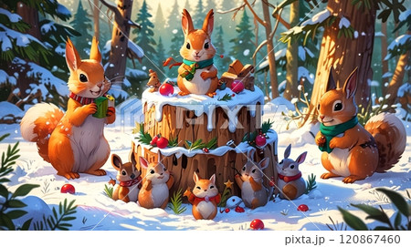 動物たちが集まる森のクリスマスケーキ_7 120867460