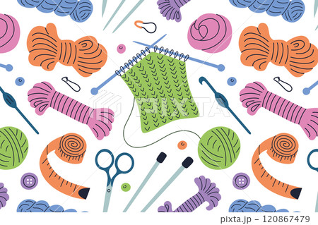 Colorful seamless pattern, knitting tools and supplies, ornament with yarn skeins, needles, crochet hooks, scissors, and measuring tape. Flat cartoon vector style, perfect for crafting and DIY themes 120867479