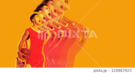 Basketball player shouting with passion, holding ball, set against bold yellow background. Stroboscopic effect captures phases of emotion and energy in motion. 120867923