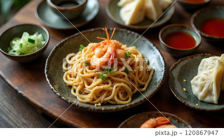 Noodle with shrimps and dumplings on wooden table Noodle with shrimps and dumplings on wooden table 120867947
