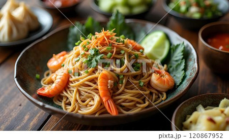 Noodle with Shrimps and Spicy Seafood Sauce in bowl 120867952