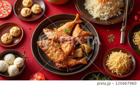 Traditional Chinese food, fried fish and dumplings on red background 120867960