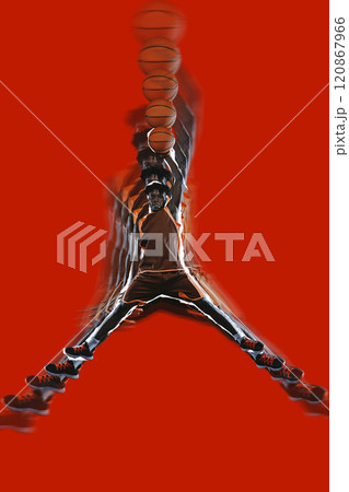 Basketball player leaping with arms extended, creating star-like shape. Stroboscopic effect showcases phases of motion, emphasizing height and power. 120867966