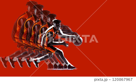 Dribbling basketball player in vibrant orange uniform on red backdrop. Stroboscopic effect highlights each phase of action, adding depth to motion. 120867967