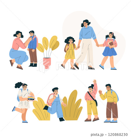 Boy and Girl Schoolkids Character Prepare for School Vector Set 120868230
