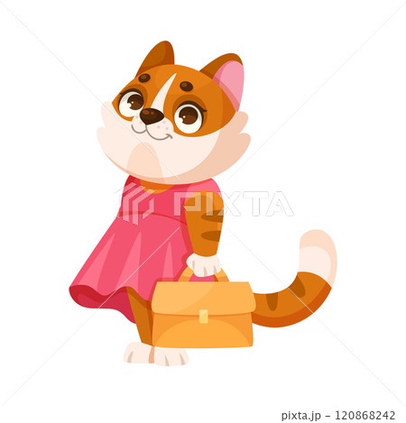 Cat with Bag as Animal School Student and Pupil Enjoy Study Vector Illustration 120868242