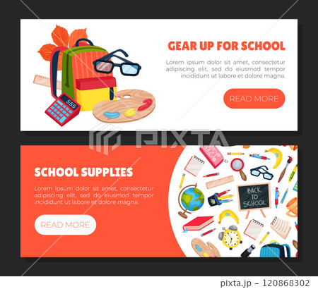 School Supply and Item Banner Design Vector Template School Supply and Item Banner Design Vector Template 120868302
