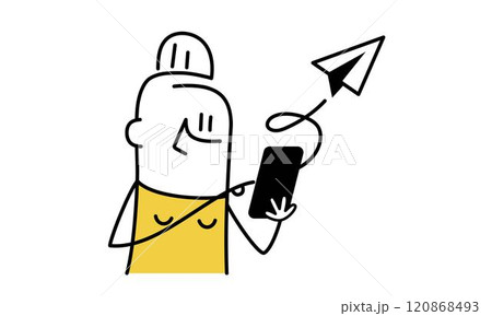 Cartoon woman is holding a cell phone and smiling Cartoon woman is holding a cell phone and smiling 120868493
