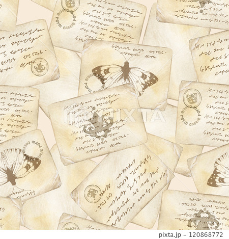 Aged watercolor paper with vintage stamps and postal imprints in seamless pattern. Retro beige and brown texture evokes antique charm. Perfect for wedding stationery, postcards, or wrapping paper Aged watercolor paper with vintage stamps and postal imprints in seamless pattern. Retro beige and brown texture evokes antique charm. Perfect for wedding stationery, postcards, or wrapping paper 120868772
