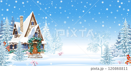 House in the winter forest, Christmas night 120868811