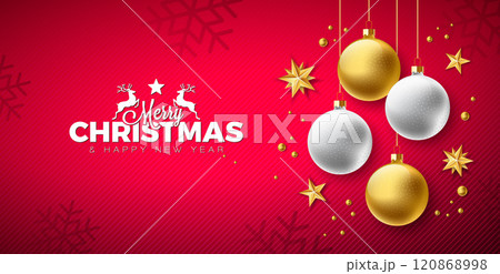 Merry Christmas and Happy New Year Banner with Gold and White Glass Ball and Typography Letter on Red Background. Vector Holiday Season Design for Greeting Card, Party Flyer, Celebration Poster and 120868998