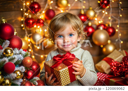 Happy little smiling child in sweater with Christmas gift box near Christmas tree. 120869062