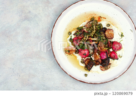 Radish piccata, vegetable piccata. Radish piccata, vegetable piccata. 120869079
