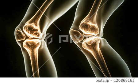 High-detail, illuminated x-ray view of knee joints with highlighted bones and cartilage in contrasting colors 120869163