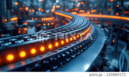 Industrial conveyor system transporting glowing battery cells in a modern manufacturing facility Industrial conveyor system transporting glowing battery cells in a modern manufacturing facility 120869172