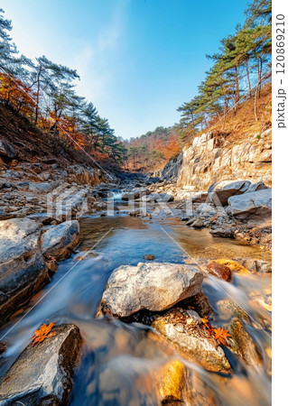 Wild mountain river flowing through rocks in...のイラスト素材 [120869210] - PIXTA
