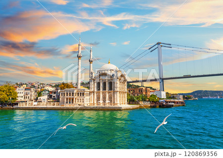 Ortakoy Mosque and Bosphorus bridge at sunset, Istanbul, Turkey 120869356