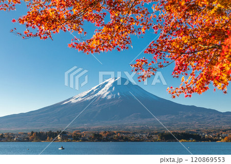 「山梨県」紅葉の河口湖と富士山・秋 120869553