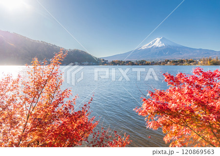「山梨県」紅葉の河口湖と富士山・秋 120869563