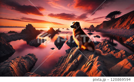 夕焼けに染まる岩場でたたずむ犬 120869594