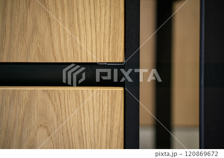 Opened drawer cabinet furniture wooden table at workplace 120869672