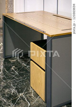 Opened drawer cabinet furniture wooden table at workplace Opened drawer cabinet furniture wooden table at workplace 120869694
