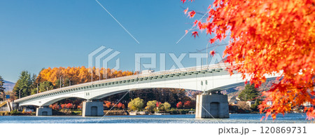「山梨県」紅葉の河口湖と河口湖大橋・秋 「山梨県」紅葉の河口湖と河口湖大橋・秋 120869731