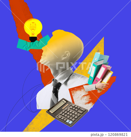 Bold image of businessman with folders and calculator, symbolizing organization and analytical skills in management. Contemporary art collage. Bold image of businessman with folders and calculator, symbolizing organization and analytical skills in management. Contemporary art collage. 120869821