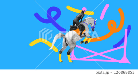 Female rider on white horse preparing to jump over pink and orange obstacle, with colorful abstract lines on blue backdrop. Contemporary art collage. 120869853