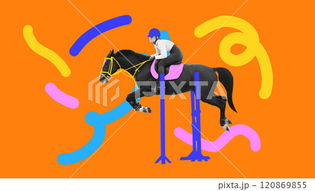 Female focused rider on black horse in mid-jump over colorful obstacles, set on bright orange background with swirling abstract elements. Contemporary art collage. 120869855