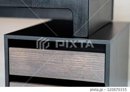 Opened drawer cabinet furniture wooden table at workplace Opened drawer cabinet furniture wooden table at workplace 120870155