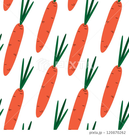 Carrot in doodle style Seamless pattern in trendy orange and green. Healthy eating Background idea Carrot in doodle style Seamless pattern in trendy orange and green. Healthy eating Background idea 120870262