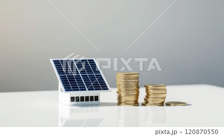 節約を連想させるソーラーパネルと積みあがったコイン 120870550