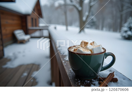 A steaming mug of hot cocoa topped with melted marshmallows rests on a wooden terrace of a countryside home A steaming mug of hot cocoa topped with melted marshmallows rests on a wooden terrace of a countryside home 120870606