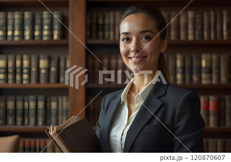 A woman in a formal suit holds a folder of legal documents 120870607