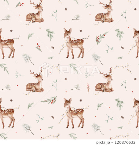 Seamless pattern with watercolor of Christmas tree and pine branches, needle and baby deer with garland. Hand painted red berries and animals illustration on isolated. Repeat background for new year. 120870632
