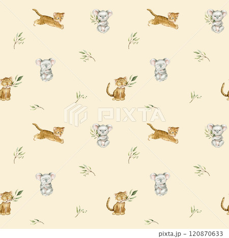 Seamless pattern with green eucalyptus leaves and cute tiger and koala. Watercolor isolated illustration on light orange background. Cartoon kids print with animals minimalist scandinavian style. Seamless pattern with green eucalyptus leaves and cute tiger and koala. Watercolor isolated illustration on light orange background. Cartoon kids print with animals minimalist scandinavian style. 120870633