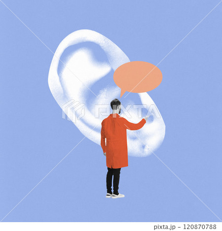 Contemporary art collage. Person in red coat interacts with large ear illustration, emphasizing hearing and communication. Minimalistic style. 120870788
