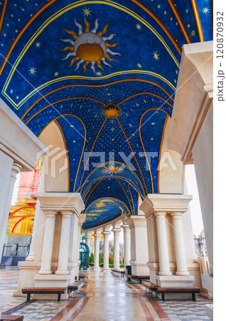 Modern columns with an arch and beautiful painted ceiling outside the palace in Ba Na Hills Park in Da Nang in Vietnam 120870932