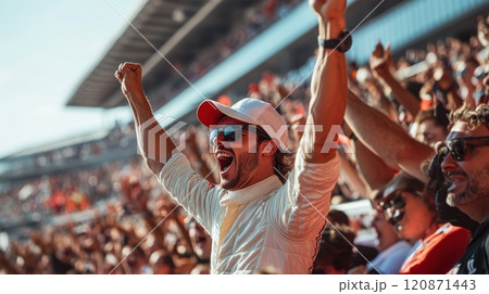 Emotional man in cap and sunglasses, standing in tribune filled with people, celebrating successful race, raising hands and shouting in excitement 120871443