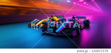Yellow and pink Formula 1 car race side by side through neon-lit tunnel, Intense competition and high-speed action of Formula 1. 120871570