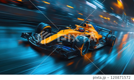 Bright yellow Formula 1 car speeding through rain-soaked city street, leaving trail of light streaks. Intensity of Formula 1 racing. 120871572