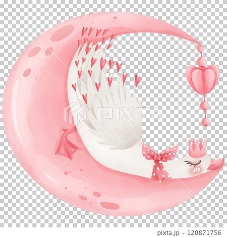 Hand drawn swan sleeping on a sweet colored crescent moon Hand drawn swan sleeping on a sweet colored crescent moon 120871756