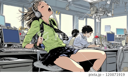 仕事中にあくびをしている若い女性
