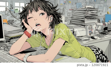 仕事中にあくびをしている若い女性