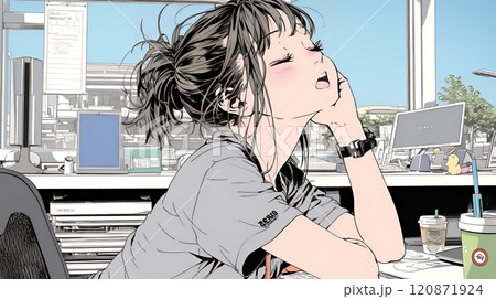 仕事中にあくびをしている若い女性
