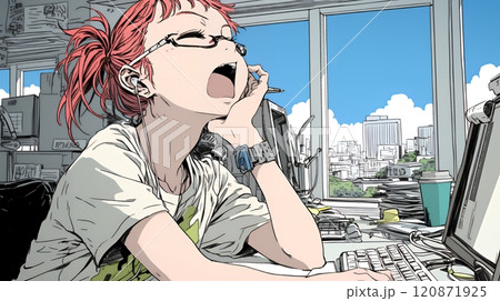 仕事中にあくびをしている若い女性