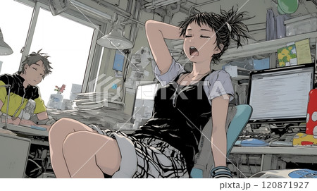 仕事中にあくびをしている若い女性